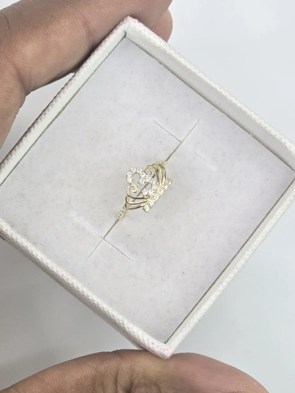 10k Real Gold Crown Number 3 Ring with Clear Stones - Women Jewelry